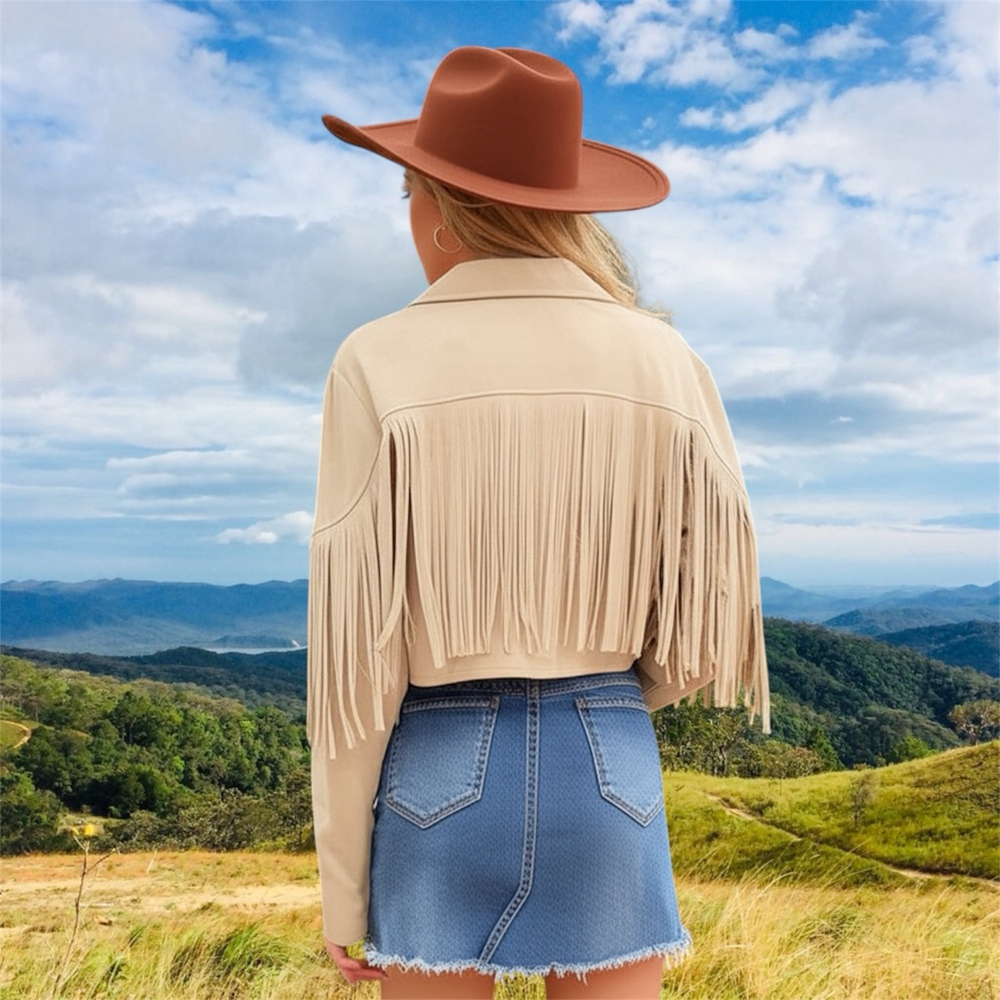 Ivory Faux Suede Fringe Cropped Jacket Western Boho Cowgirl Size XL 12 - Picture 3 of 7